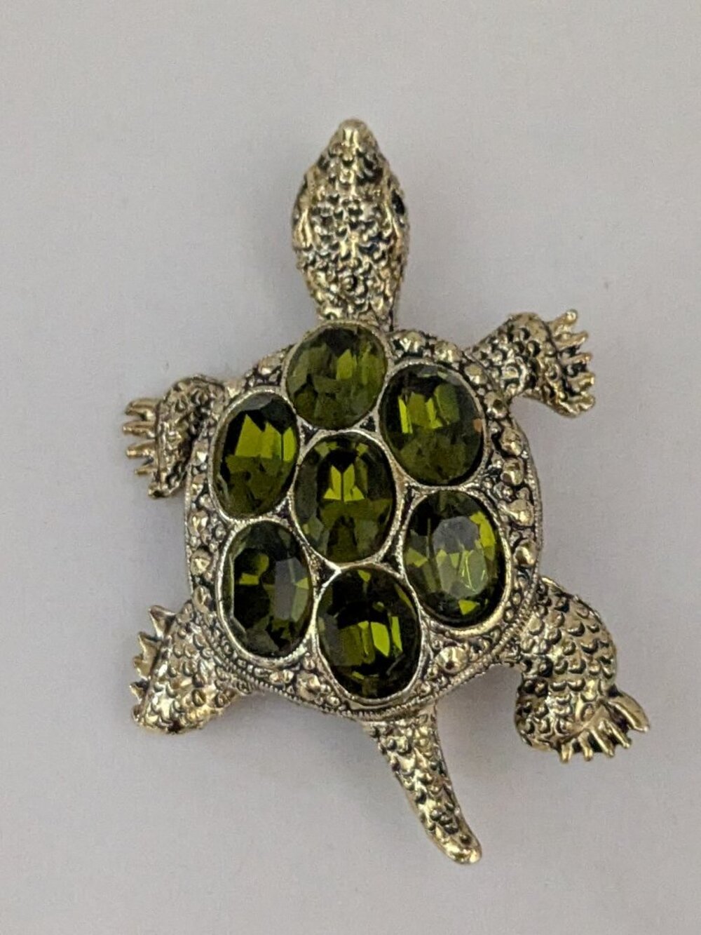 Vintage Gold Tone Green Rhinestone Turtle Brooch Pin